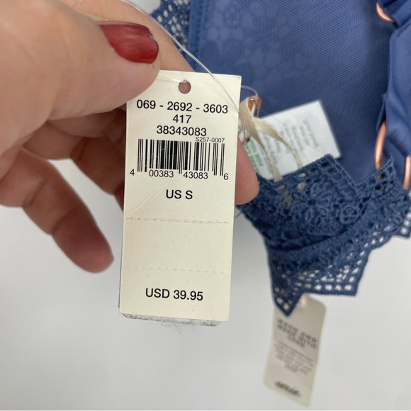 Aerie Floral Lace Triangle Bralette Periwinkle Blue Gold Side Ring Size S - Picture 4 of 7